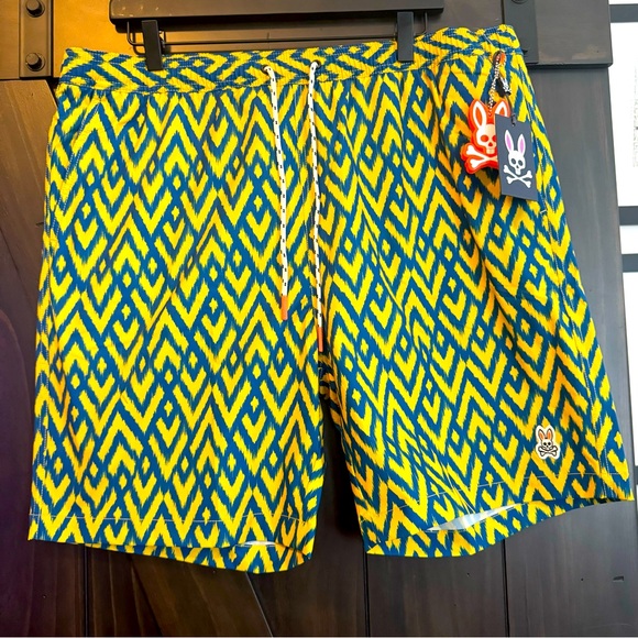 NWT Psycho Bunny Acker Swim Trunks Mens XXL Blue Yellow Chevron Pattern Sundance